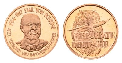 ФРГ медаль из серии знаменитые немцы - Эмиль фон Беринг (1854-1917) - известен как человек открывший сывороточную терапию 1980-ые диаметр 18 мм, вес 2,3 гр алюминий плакированный медью UNC 4625-1019