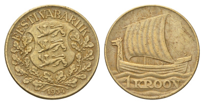 Эстония 1 крона 1934 год-тип KM 16 алюминиевая бронза 4364-2134