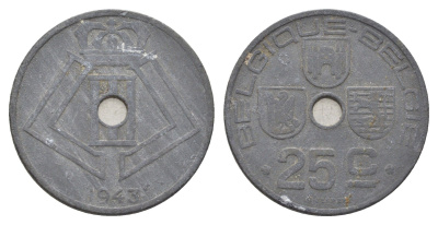 Бельгия 25 сантимов 1943 Belgique - Belgie, Леопольд III (1934-1947), германская оккупация, Вторая мировая война KM 131 цинк 4704-1035