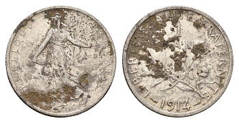 Франция 1 франк 1914 KM 844 серебро 51-2055