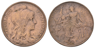 Франция 10 сантимов 1910 KM 843 бронза 180-726