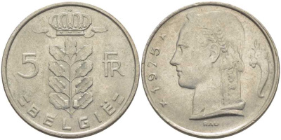 Бельгия 5 франков 1975 Belgie, Бодуэн I (1951-1993) KM 135.1 медно-никель 119-835