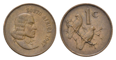 ЮАР 1 цент 1967 Ян ван Рибек (1619-1677), South Africa, легенда на африкаанс, капские воробьи KM 65.1 бронза 4690-1153