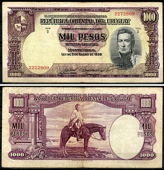 Уругвай 1000 песо 1939 Хосе Хервасио Артигас, генерал на коне, серия D Pick 41 c  бумага   6266-48-1-1