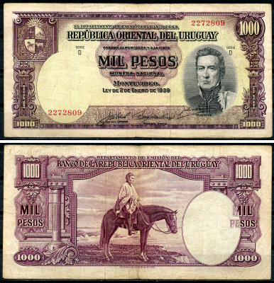 Уругвай 1000 песо 1939 Хосе Хервасио Артигас, генерал на коне, серия D Pick 41 c  бумага   6266-48-1-1