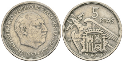 Испания 5 песет 1957 (58) Франсиско Франко (1939-1975) KM 786 медно-никель 85-725