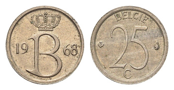 Бельгия 25 сантимов 1968 Belgie, Бодуэн I (1951-1993) KM 154 медно-никель 4705-348