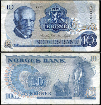 Норвегия 10 крон 1977 Pick 36 c бумага 7553-7-3-1