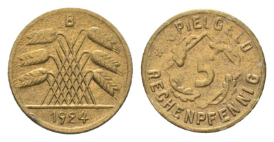 Германия игровой жетон в 5 рентенпфеннигов 1924 диаметр 18 мм, вес 0,2 гр картон 4702-1014