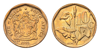 ЮАР 10 центов 1995 герб, цветок алоэ KM 135 сталь плакированная бронзой UNC 4694-724