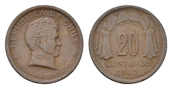 Чили 20 сентаво 1942 KM 177 медь 4689-134
