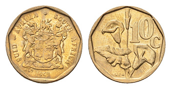 ЮАР 10 центов 1993 герб, цветок алоэ KM 135 сталь плакированная бронзой UNC 4694-662