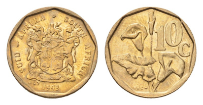 ЮАР 10 центов 1993 герб, цветок алоэ KM 135 сталь плакированная бронзой UNC 4694-662