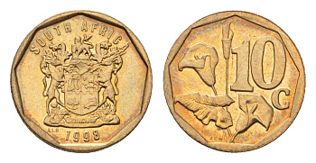 ЮАР 10 центов 1998 герб, цветок алоэ KM 161 сталь плакированная бронзой UNC 4694-748