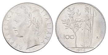 Италия 100 лир 1976 R, Афина в доспехах KM 96.1 нержавеющая сталь 4704-734