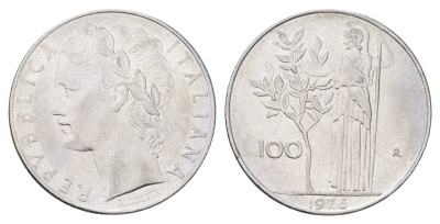 Италия 100 лир 1976 R, Афина в доспехах KM 96.1 нержавеющая сталь 4704-734