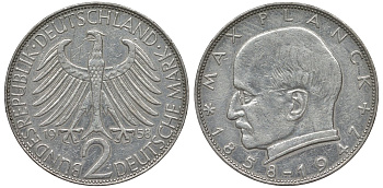 ФРГ 2 марки 1958 J, Макс Планк KM 116, J. 392 медно-никель плакированный никелем 4681-642
