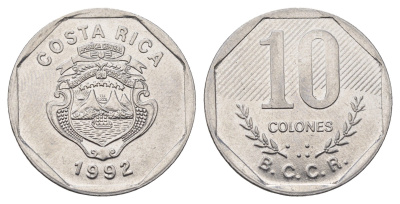 Коста-Рика 10 колонов 1992 KM 215.1 нержавеющая сталь 4698-444
