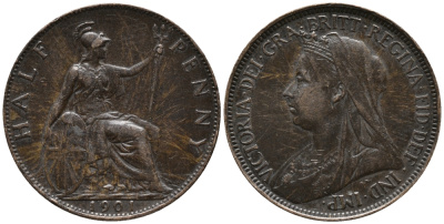Великобритания 1/2 пенни 1901 Виктория (1837-1901) KM 789, Spink 3962 бронза 34-956