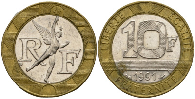 Франция 10 франков 1991 тип гений Бастилии KM 964.1, Le Frank 375.6 биметалл 4601-422
