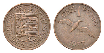Гернси 1 пенни 1977 Елизавета II (1952-2022), северная олуша в полете KM 27 бронза 4702-717