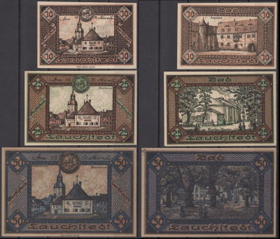 Лаухштедт полный набор из 3 нотгельдов (10, 25 и 50 пфеннигов) ND (1921) Grabowski L17.1 бумага UNC (пресс) 2193-2-1-1