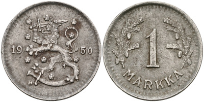 Финляндия 1 марка 1950 Н KM 30b железо 4580-1261