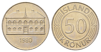 Исландия 50 крон 1980 здание парламента в Рейкьявике KM 19 медно-никель UNC 4517-244