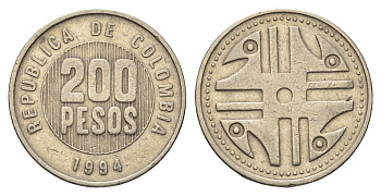 Колумбия 200 песо 1994 KM 287 медь цинк никель 4698-225