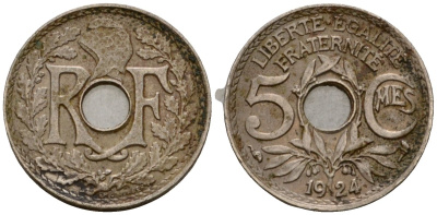 Франция 5 сантимов 1924 KM 875 медно-никель 4602-158