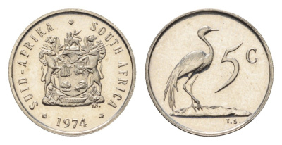 ЮАР 5 центов 1974 герб, райский журавль KM 84 никель PROOF 4690-1068