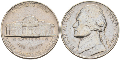 США 5 ЦЕНТОВ 1990 P, ДЖЕФФЕРСОН KM A192 медно-никель 190-153