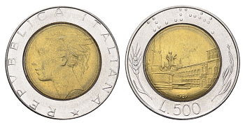Италия 500 лир 1989 R, Квиринальский дворец в Риме KM 111 биметалл 4704-1014