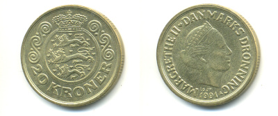 ДАНИЯ 20 КРОН 1990 LG; JP; A, МАРГРЕТЕ II (1972-) KM 871 алюминиевая бронза 179-235