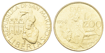 Сан-Марино 200 лир 1994 KM 313 алюминиевая бронза UNC 186-556
