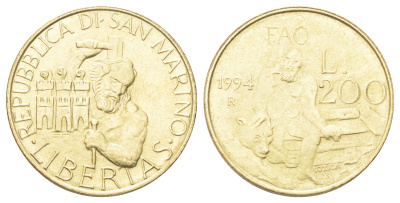 Сан-Марино 200 лир 1994 KM 313 алюминиевая бронза UNC 186-556