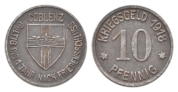 Кобленц 10 пфеннигов 1918 Funck 80.1A, Men05 4526.1, Men18 5727.1 железо 4708-931