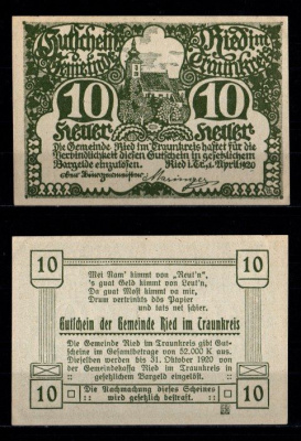 Австрия, Рид-им-Траункрайс 10 геллеров 1920 Jaksc/Pick JPR0836Ib-10 бумага 2193-18-2-2