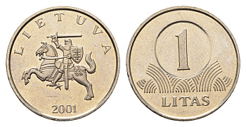 Литва 1 лит 2001 KM 111 медно-никель UNC 4364-1936