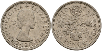 Великобритания 6 пенсов 1964 Елизавета II (1952-2022) KM 903, Spink 4149 медно-никель 4158-662