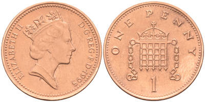Великобритания 1 пенни 1995 Елизавета II (1952-2022) KM 935a, Spink 4391 (B4) сталь плакированная медью 4588-551