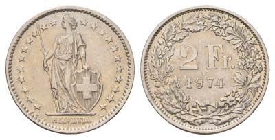 Швейцария 2 франка 1974 KM 21a медно-никель 186-811