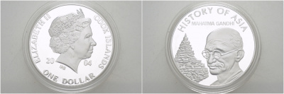Острова Кука 1 доллар 2004 история Азии, Махатма Ганди KM 1156 медно-никель PROOF 01-146-31