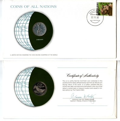 Зимбабве 20 центов 1980 конверт с маркой первого дня гашения, Coins of Nations KM 4 медно-никель UNC 4294-74-2