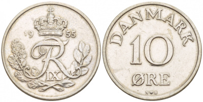 ДАНИЯ 10 ЭРЕ 1955 N; S, ФРЕДЕРИК IX (1947-1972) KM 841.1 медно-никель 4547-1018
