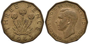 Великобритания 3 пенса 1943 Георг VI (1936-1952) KM 849, Spink 4112 никель латунь 117-1257