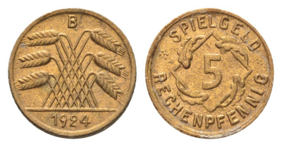 Германия игровой жетон в 5 рентенпфеннигов 1924 диаметр 18 мм, вес 0,2 гр картон 4702-1011