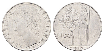 Италия 100 лир 1970 R, Афина в доспехах KM 96.1 нержавеющая сталь 4704-715