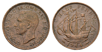 Великобритания 1/2 пенни 1944 Георг VI (1936-1952) KM 844, Spink 4115 бронза 4519-242