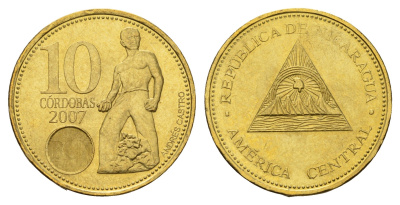Никарагуа 10 кордоб 2007 KM 102 сталь плакированная латунью UNC 25-1621